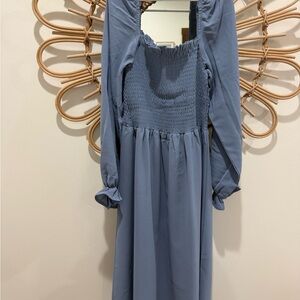 Smocked Bodice Long Sleeve Midi Dress in Dusty Blue
